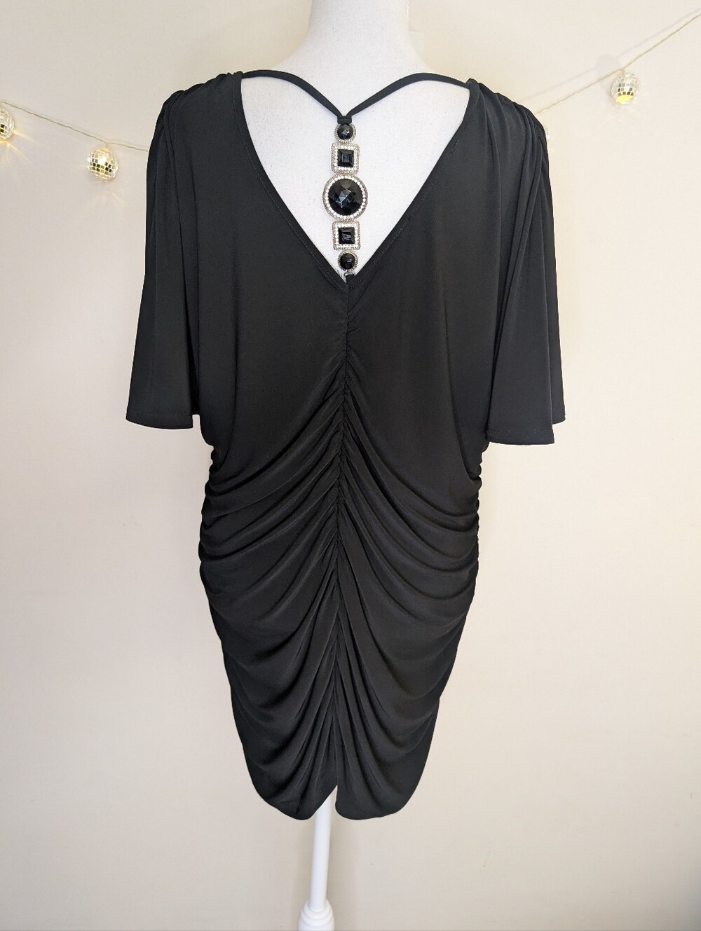 Vtg Black Ruched Dress with Back Jewelry Detail